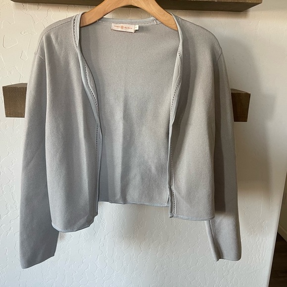 Tory Burch| Gray open front cardigan, slightly cropped with Knit eyelet detail• - Picture 3 of 15
